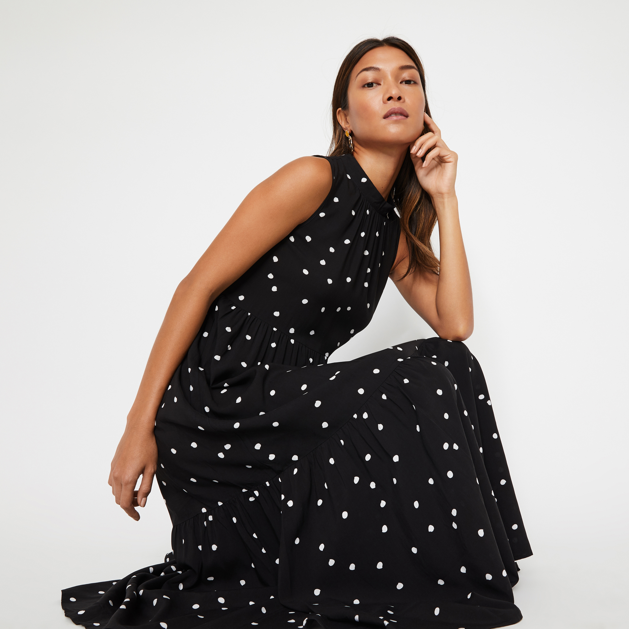 polka dot tiered midi dress