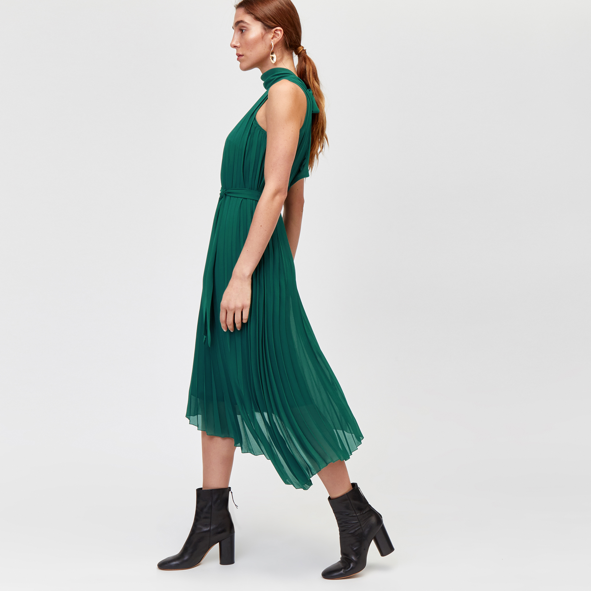 warehouse green pleated midi dress