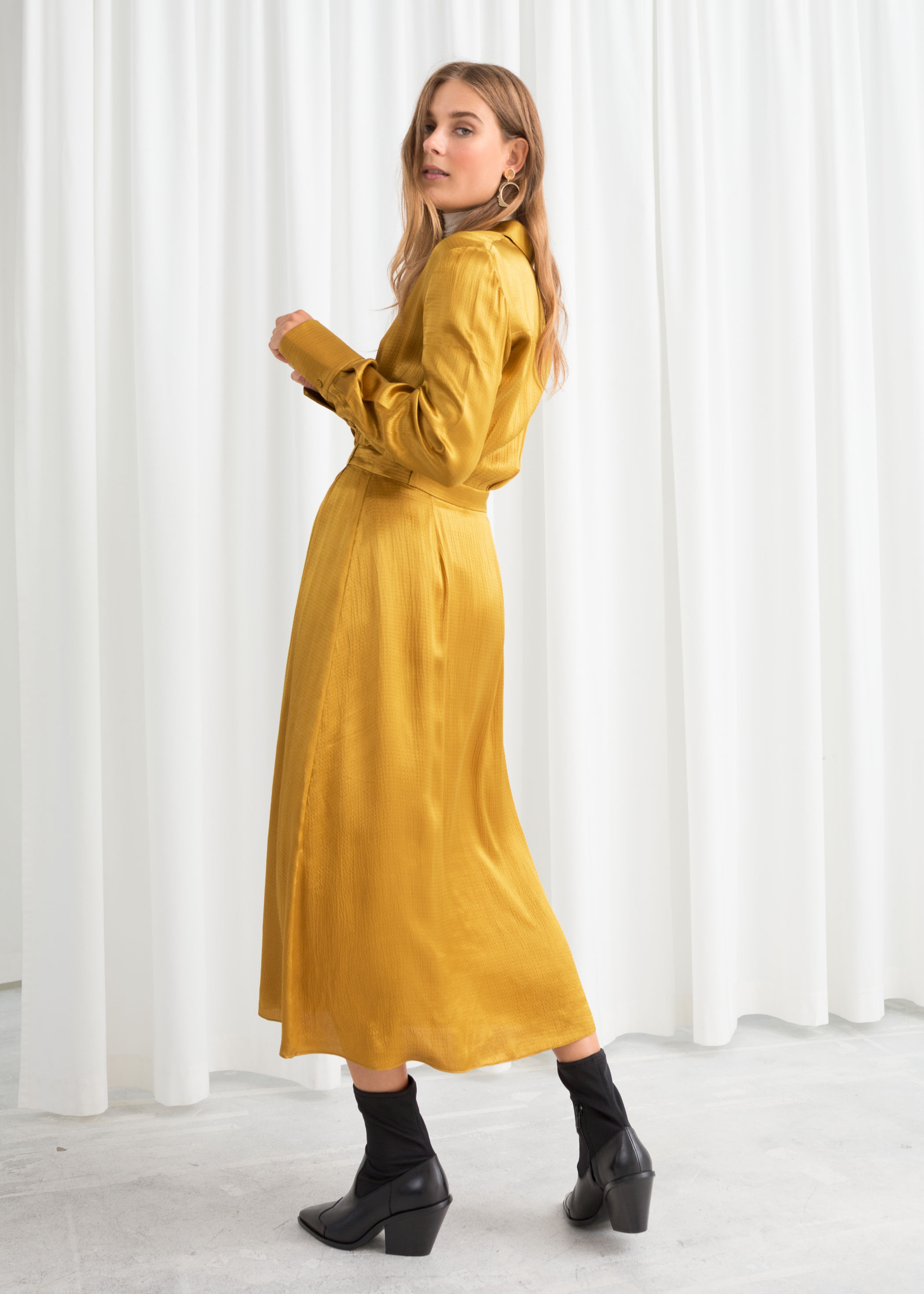 mustard satin midi dress