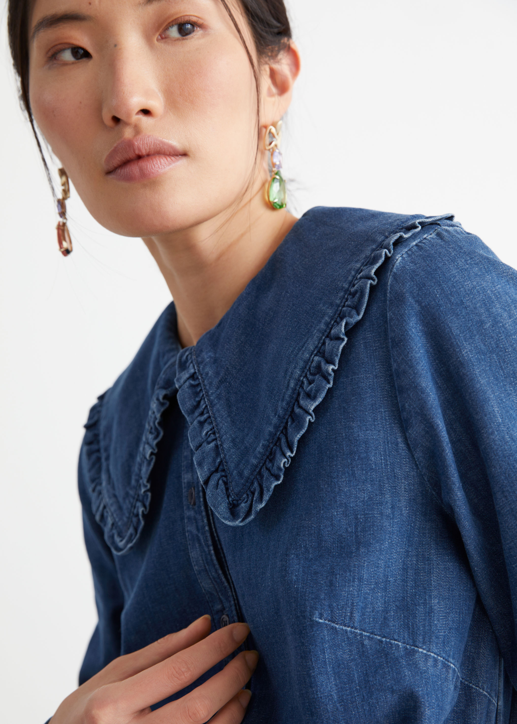 denim ruffle shirt