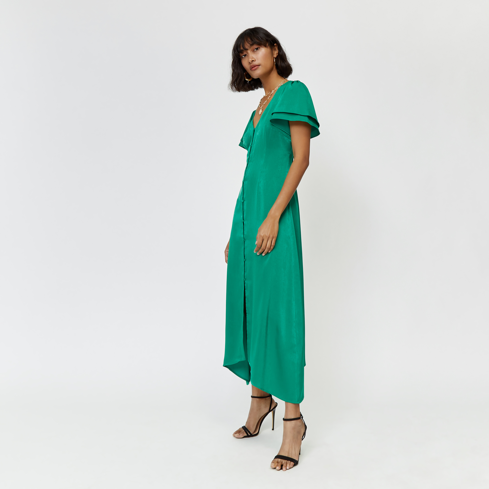 warehouse satin frill tea dress