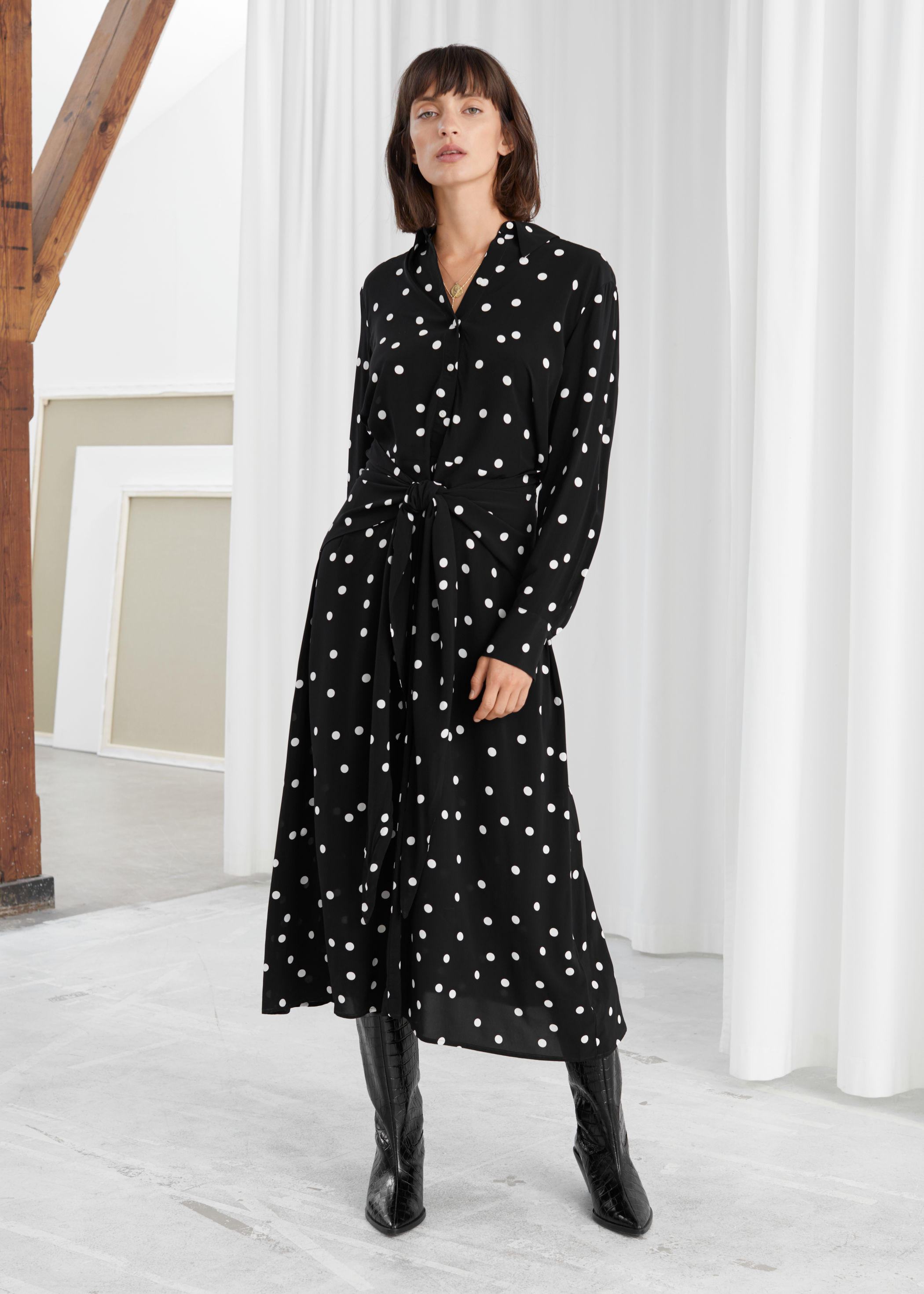 polka dot waist tie midi dress