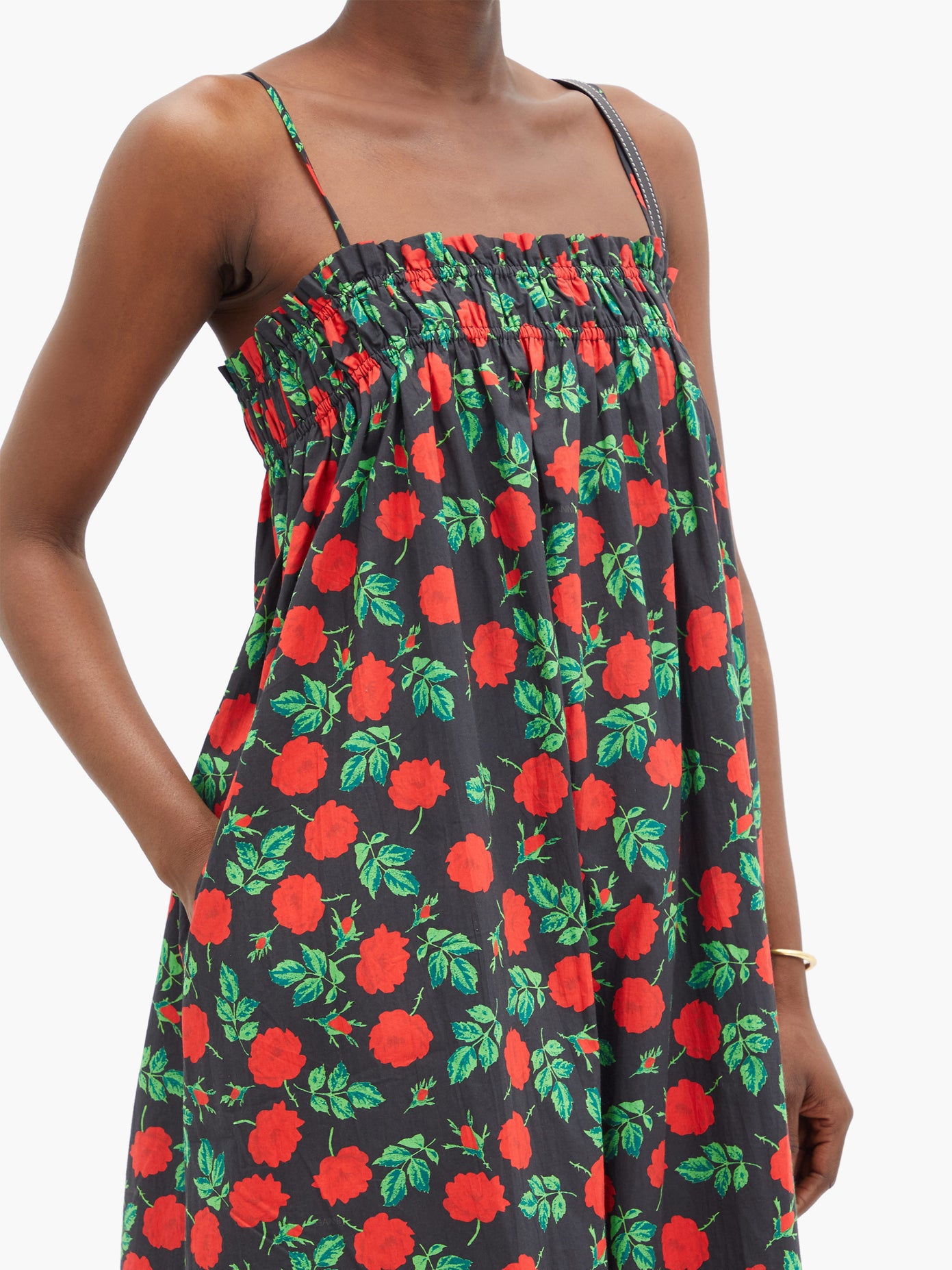 Shirred Rose-Print Cotton Midi Dress ...