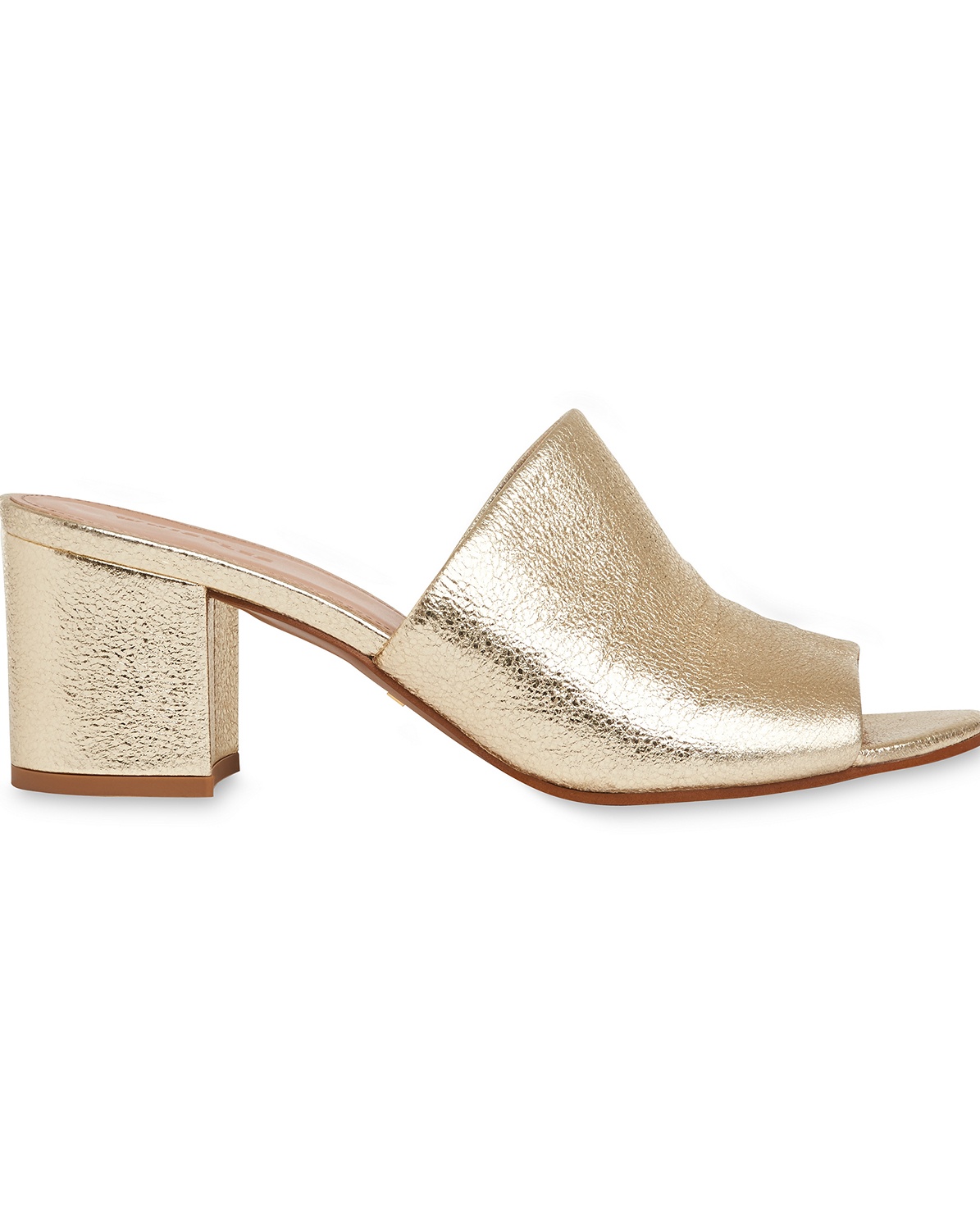 gold mules block heel