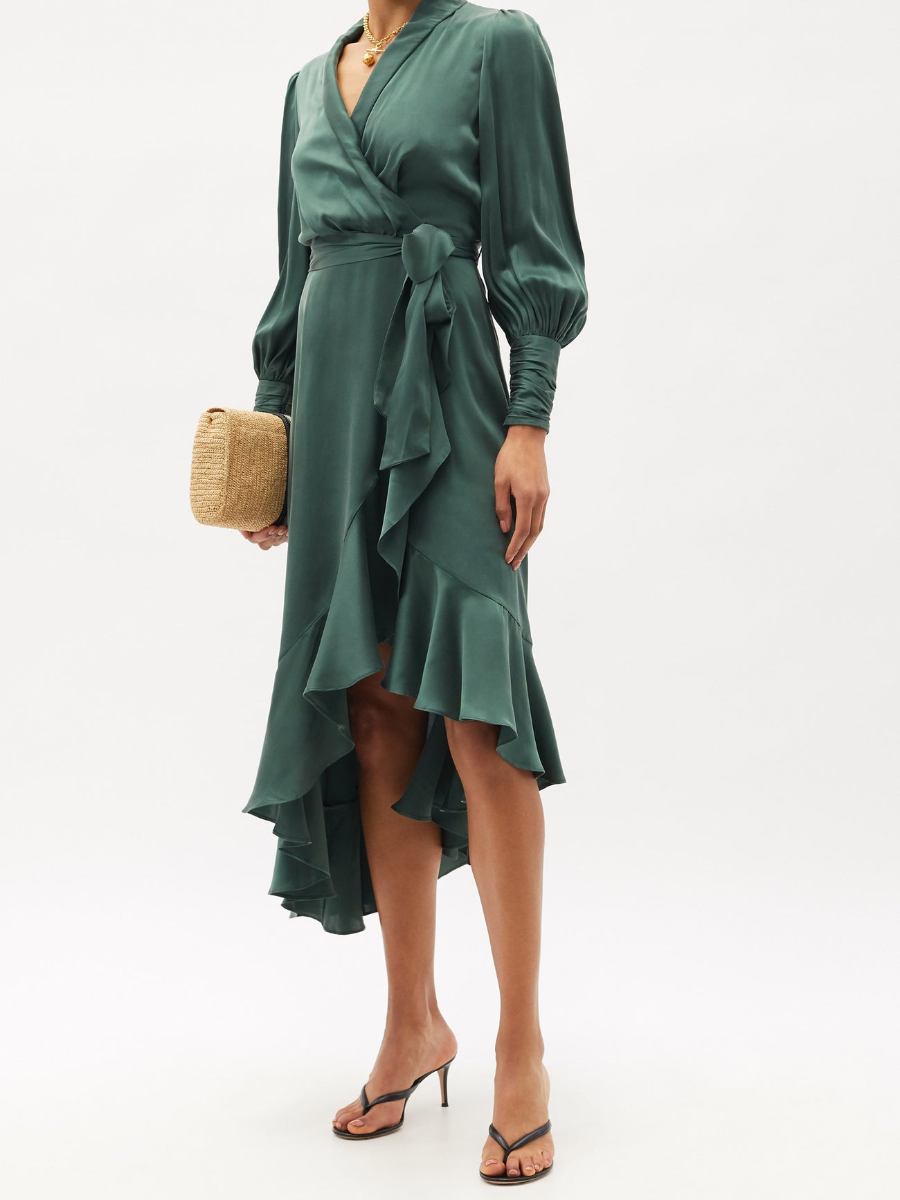 Bishop-Sleeve Silk Wrap Midi Dress | Endource