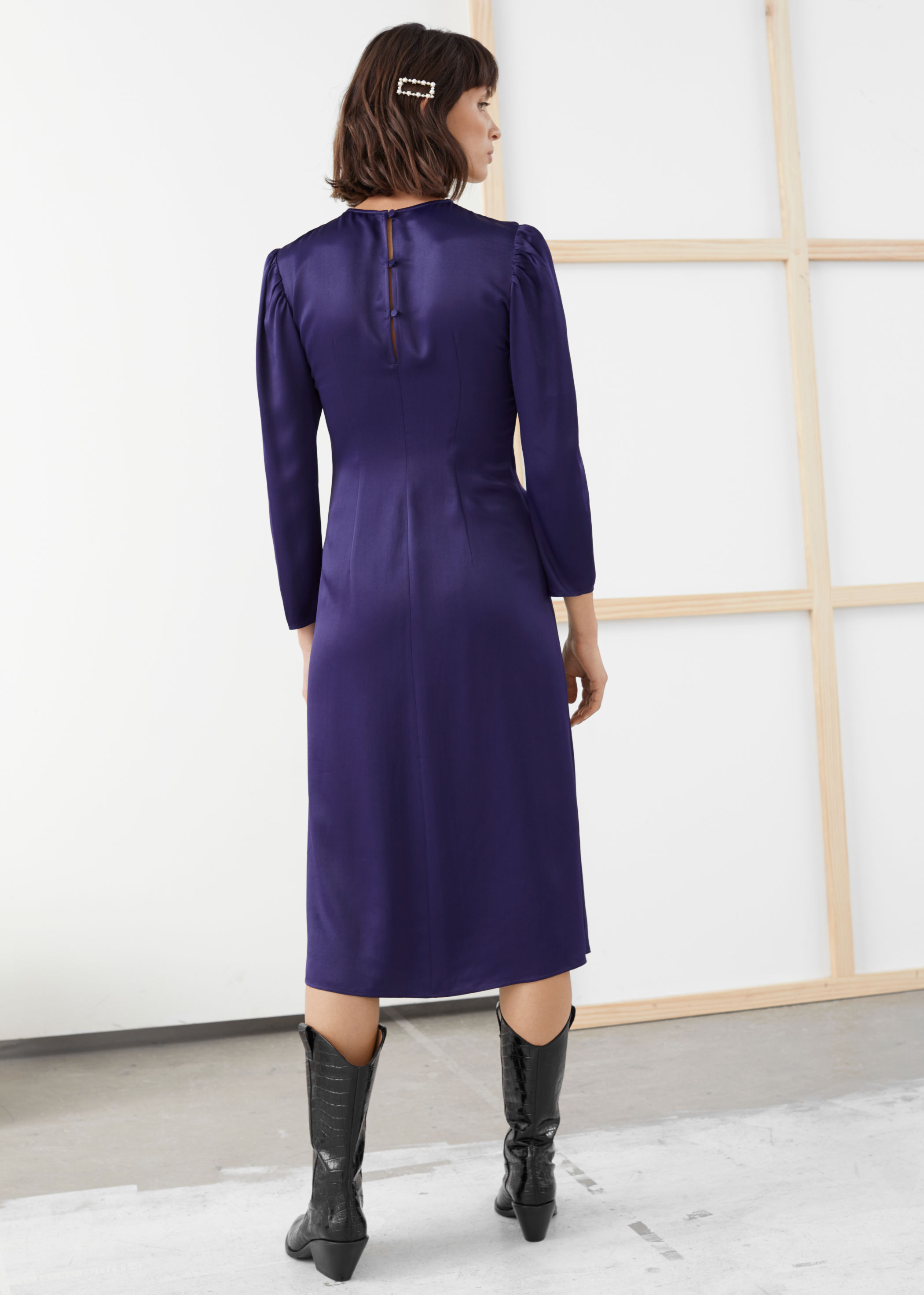 purple satin midi dress