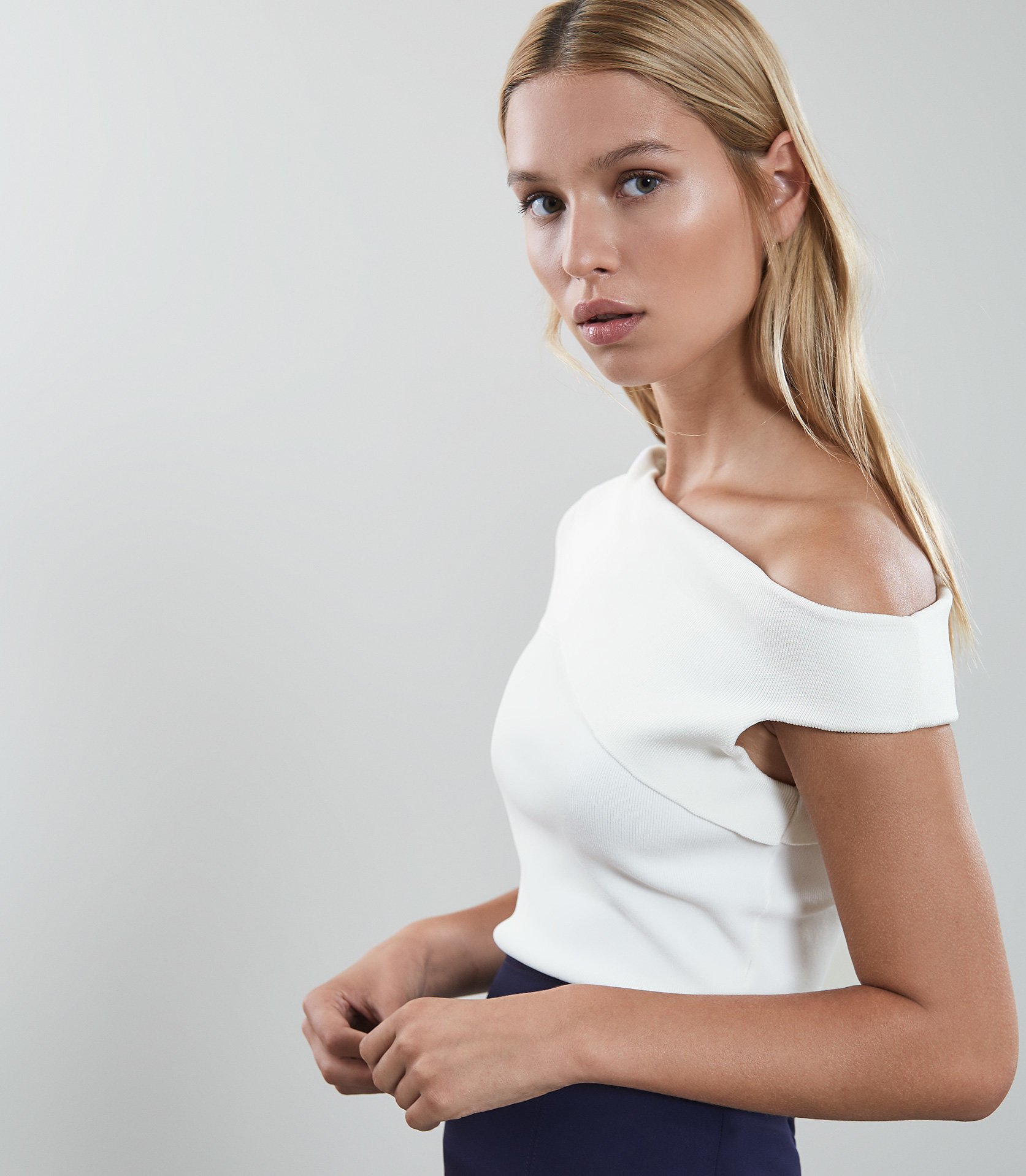 white bardot top with straps