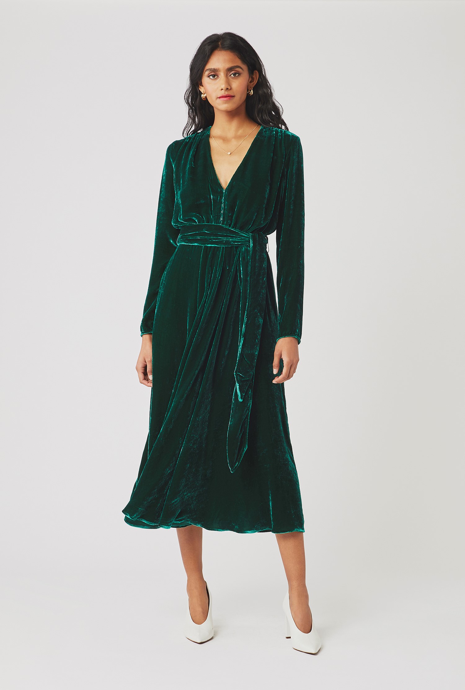 green silk one shoulder dress