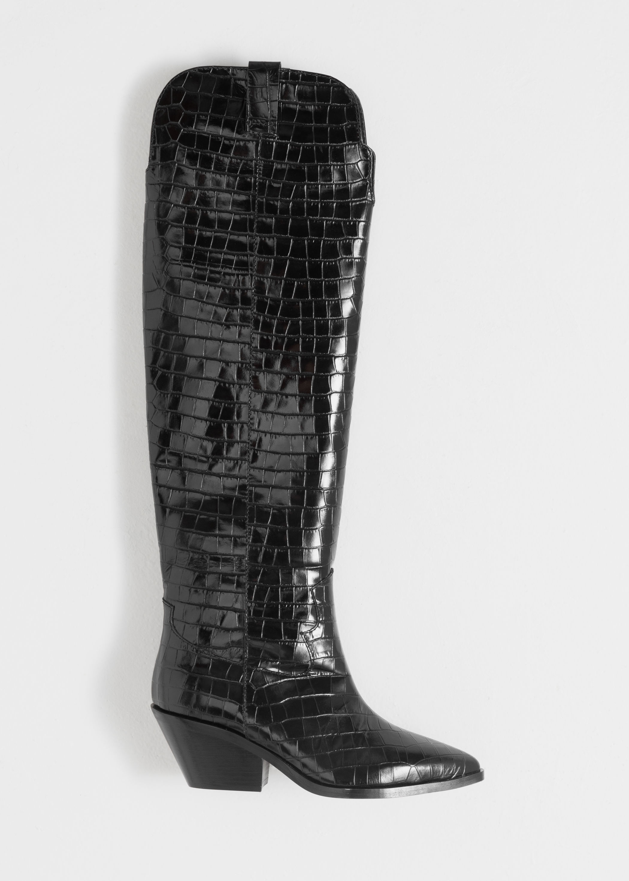 patent croc knee high cowboy boots