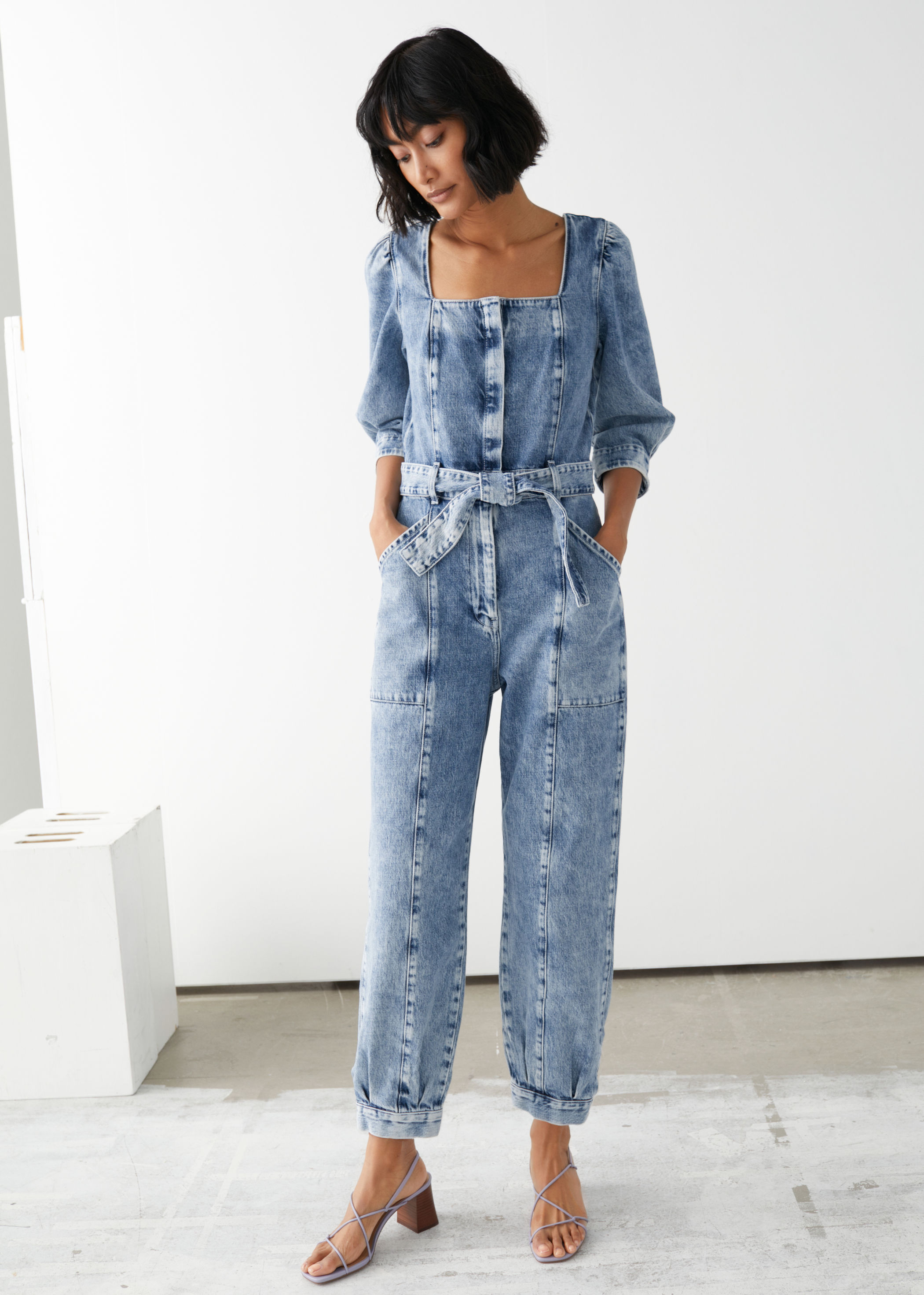 puff sleeve denim jumpsuit