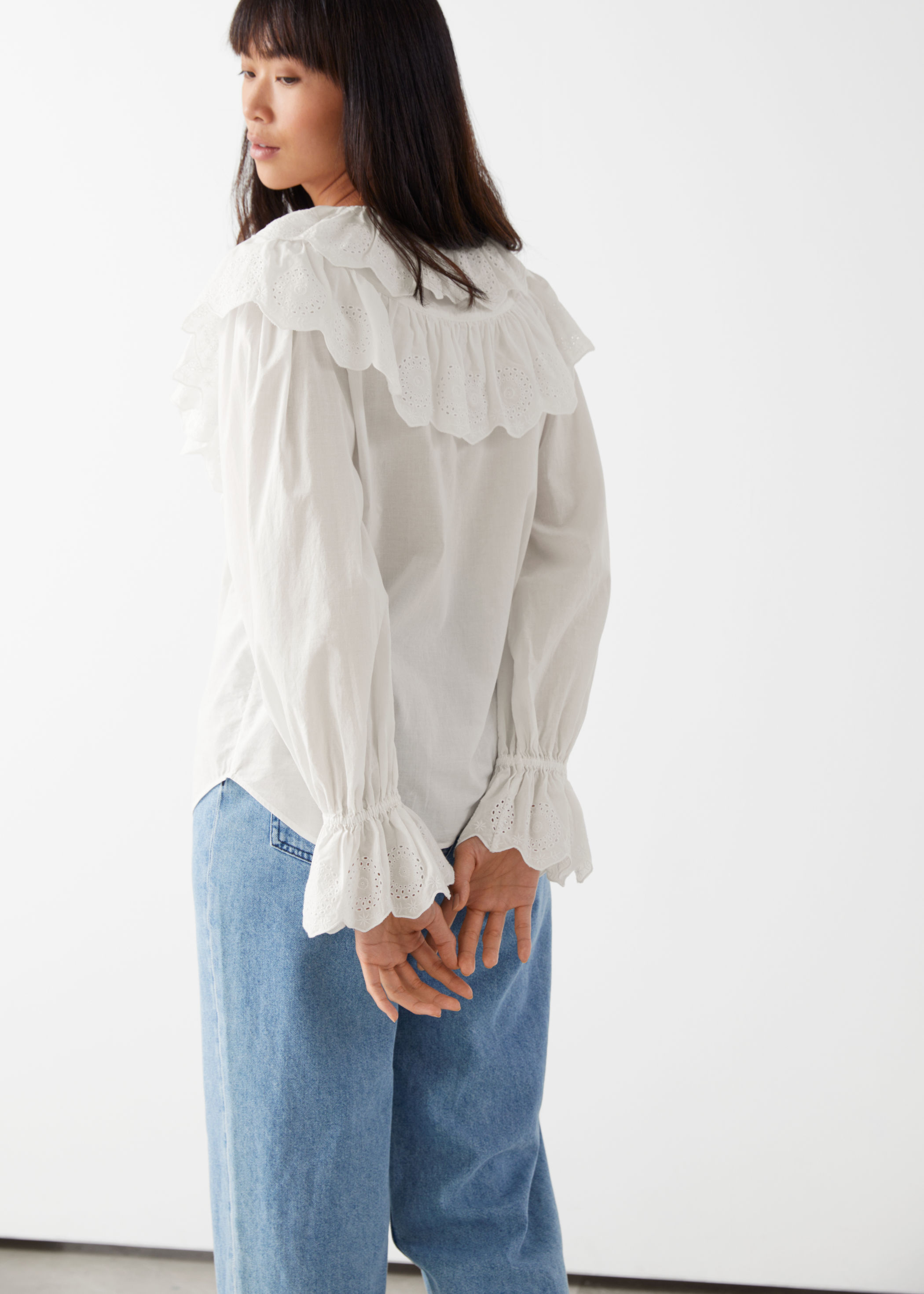 Relaxed Embroidered Ruffle Button Up 