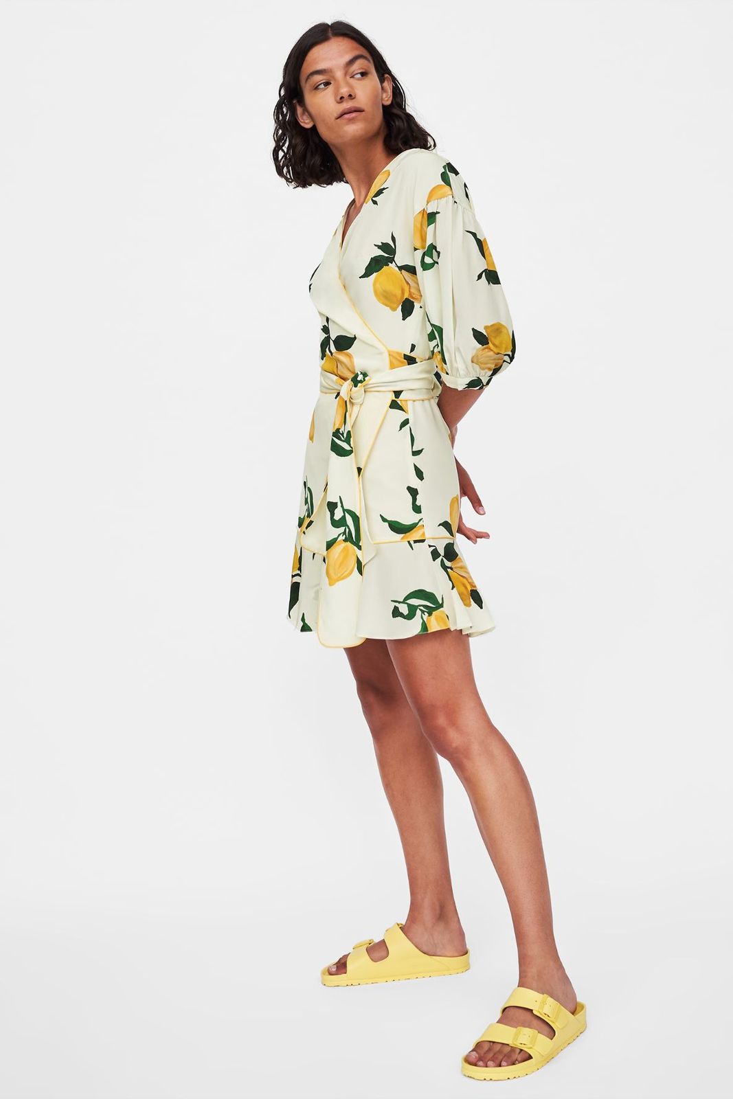 Cropped Lemon Print Silk Wrap Dress ...