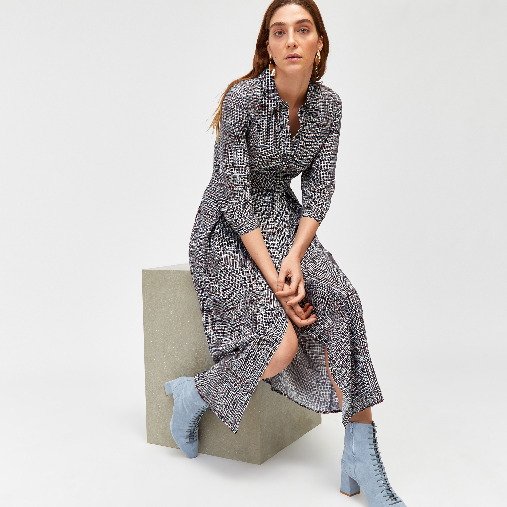 warehouse check midi shirt dress