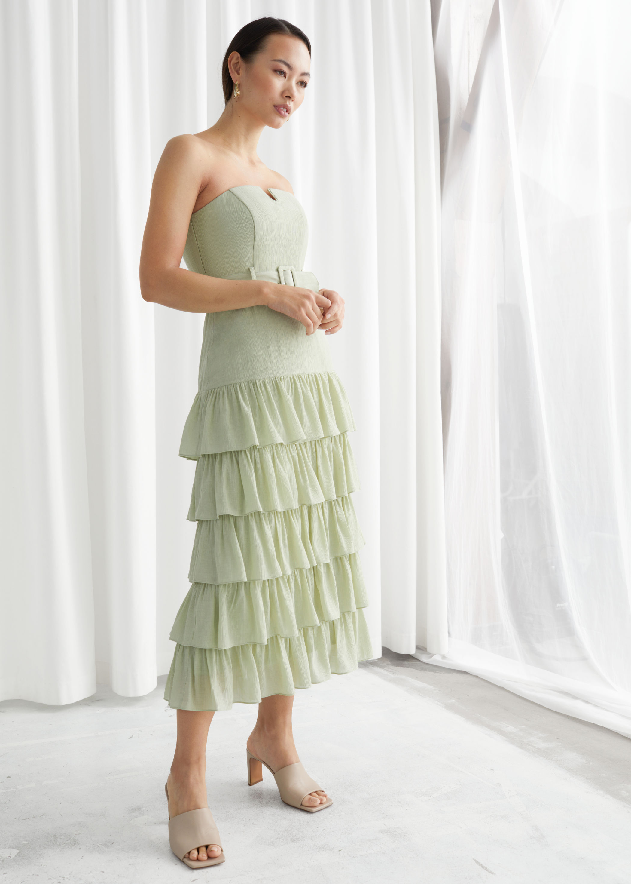 strapless ruffle midi dress