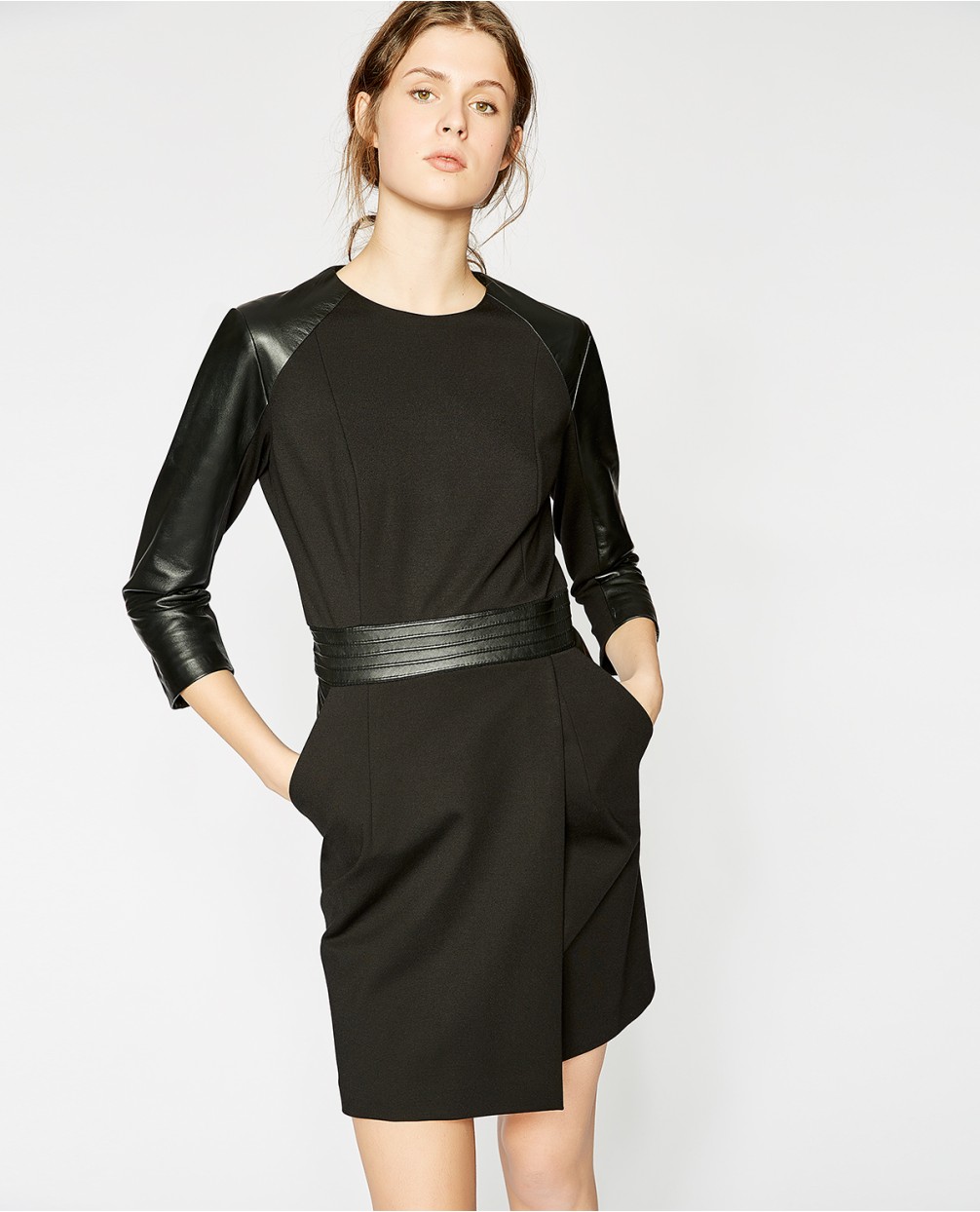 black dress with leather sleeves