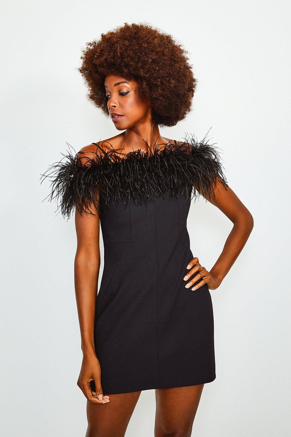 black feather bardot dress