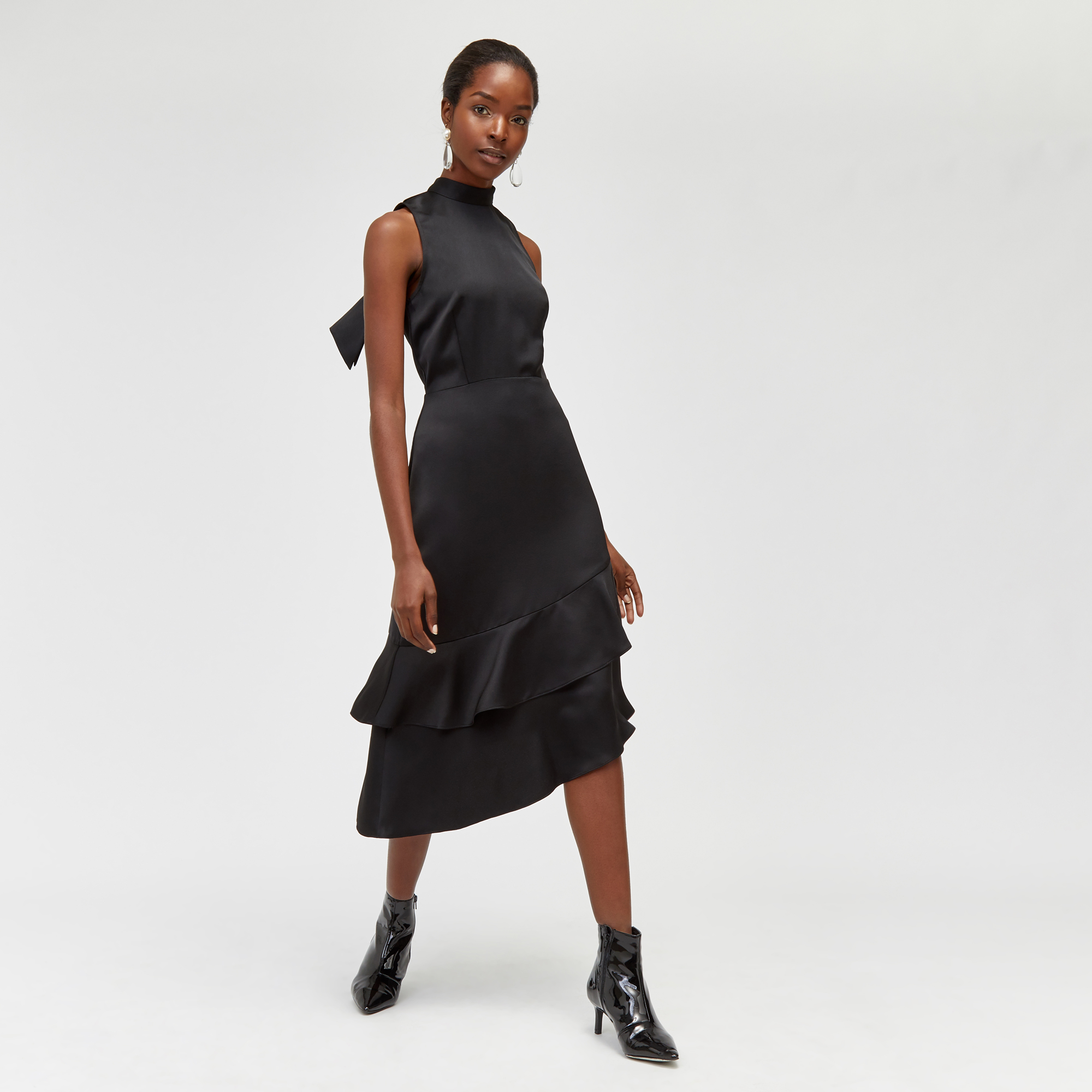 warehouse tie back ruffle midi dress