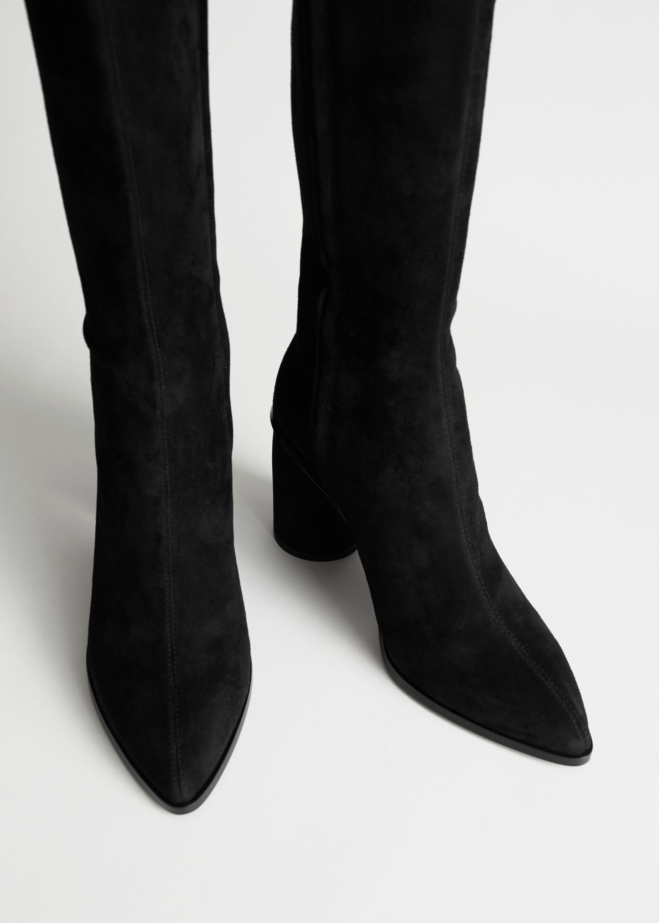 black suede pull on knee high boots