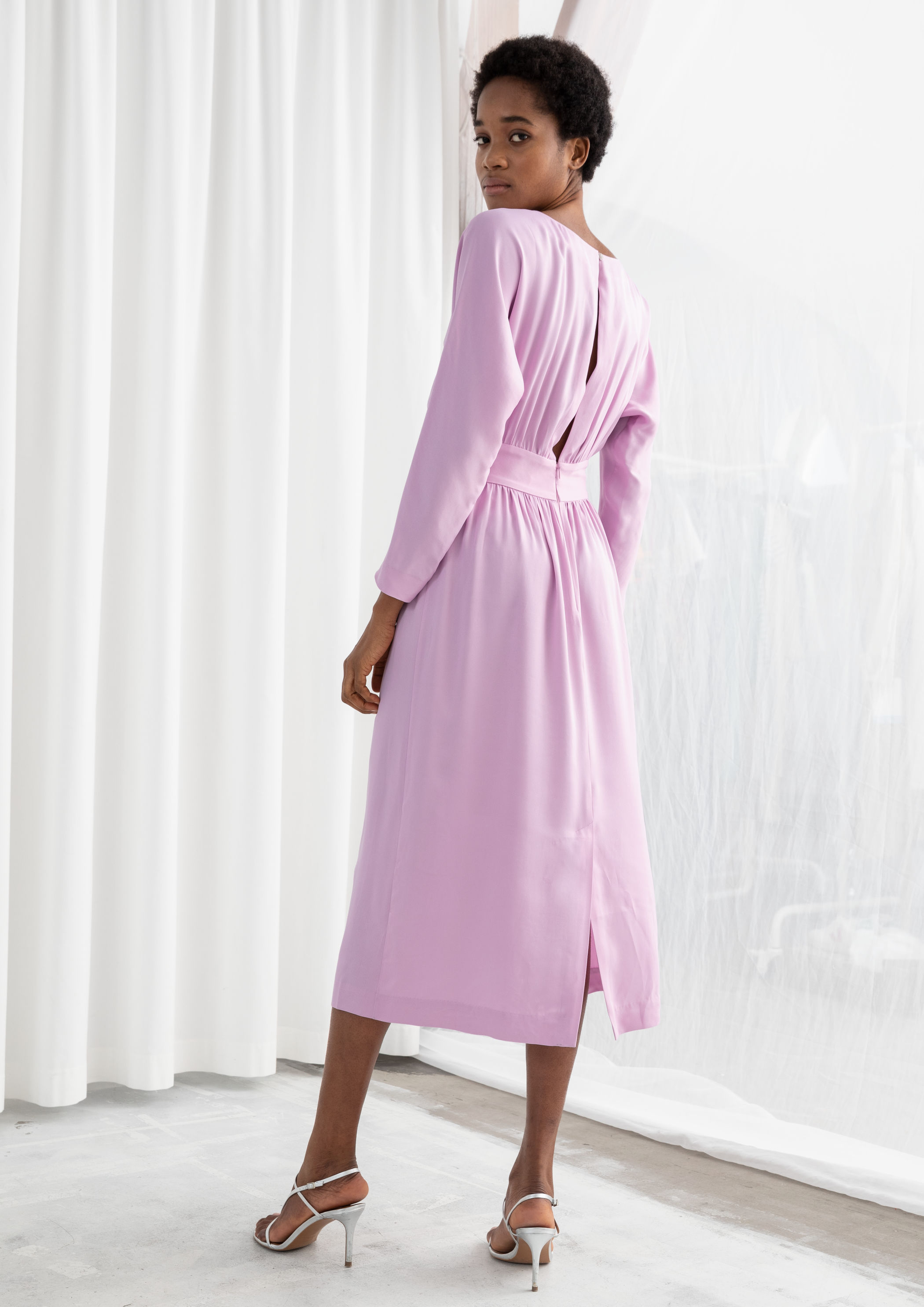 pink midi dresses with sleeves