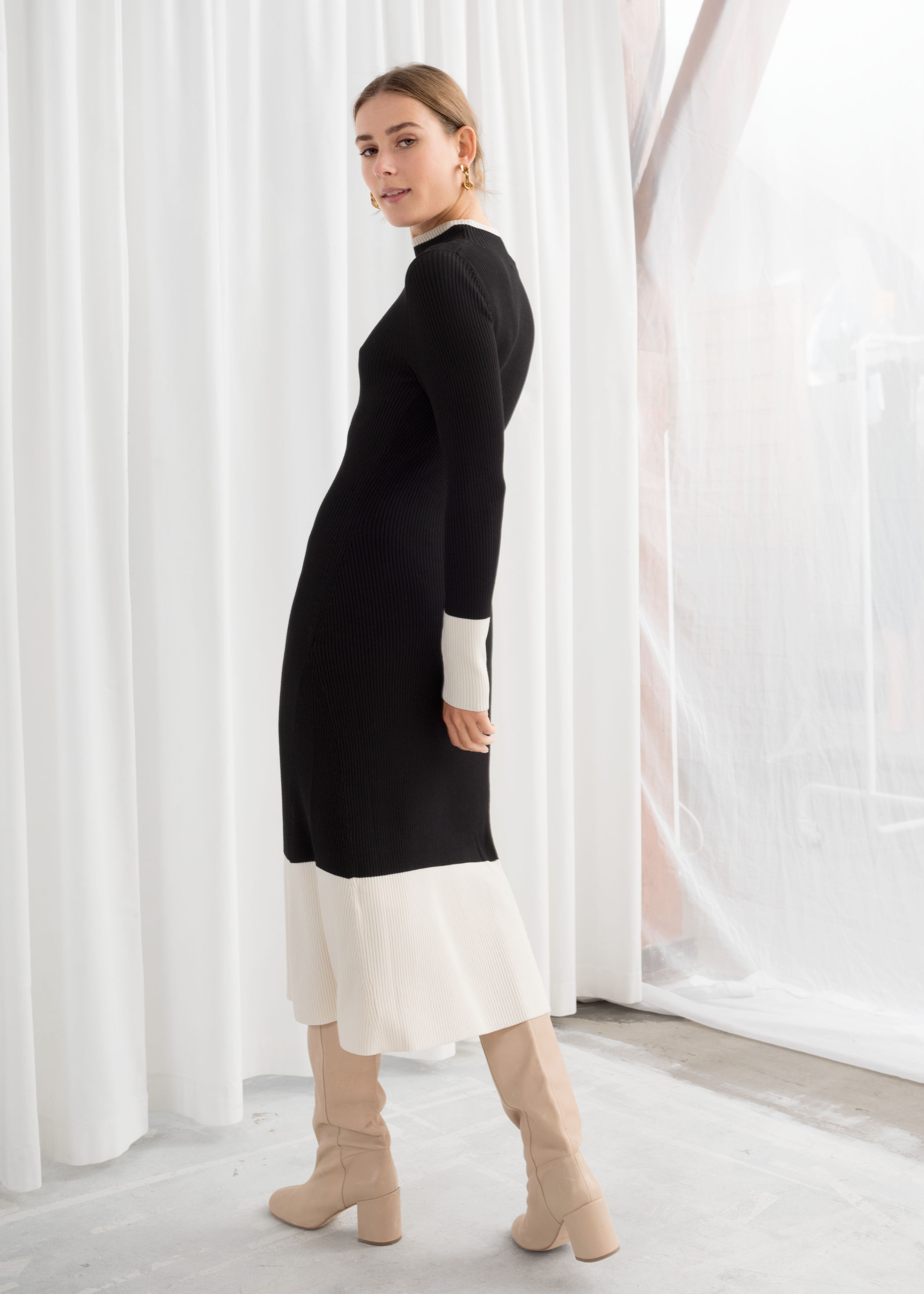 ribbed turtleneck midi dress