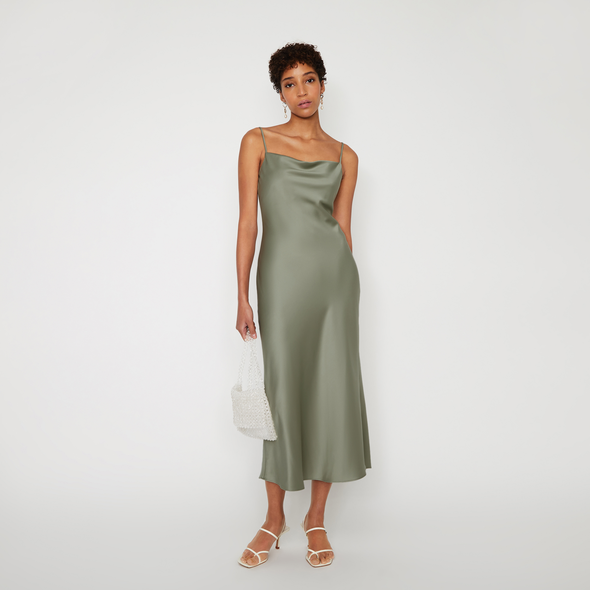 warehouse green satin twist knot midi dress