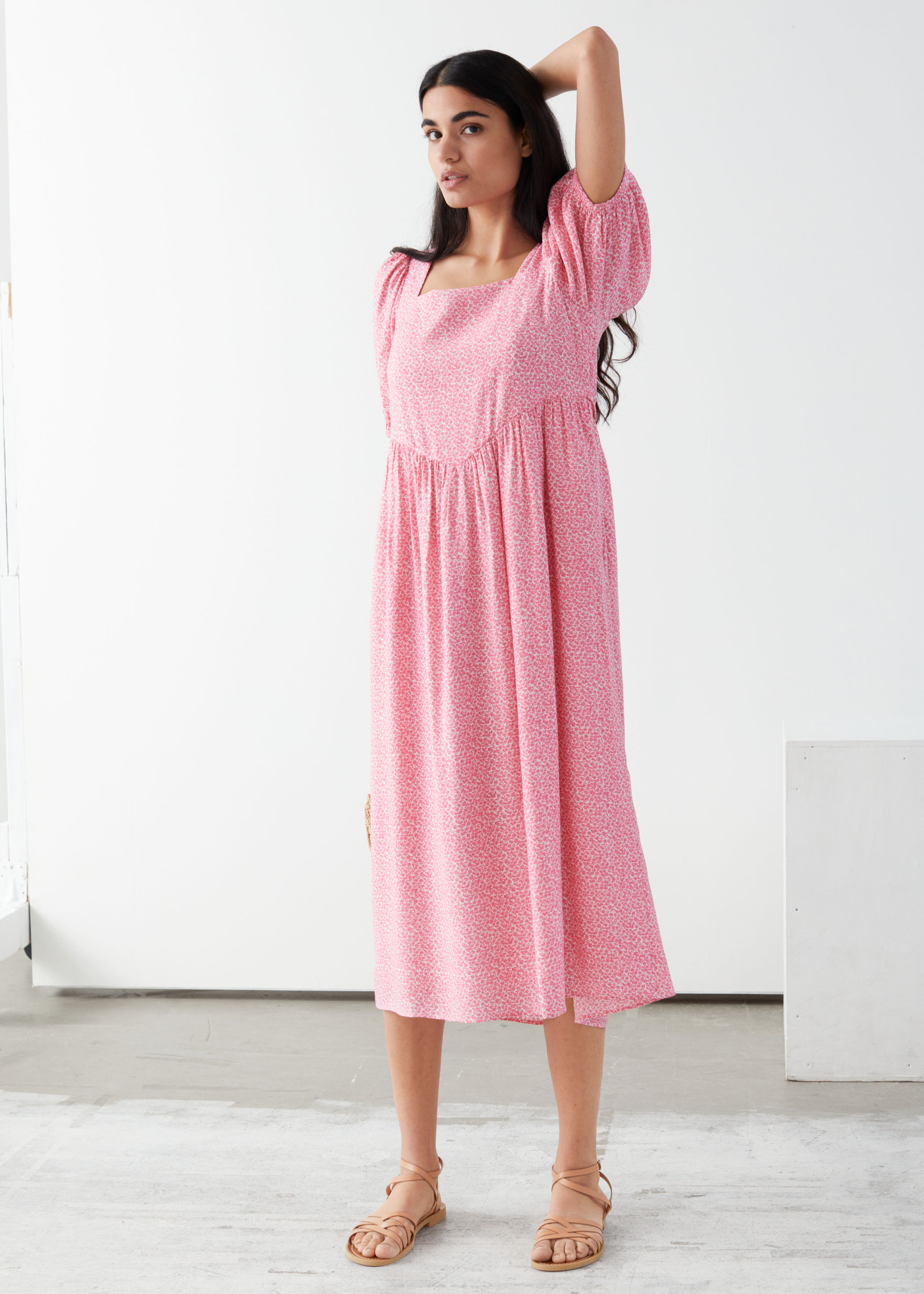 square neck puff sleeve midi dress