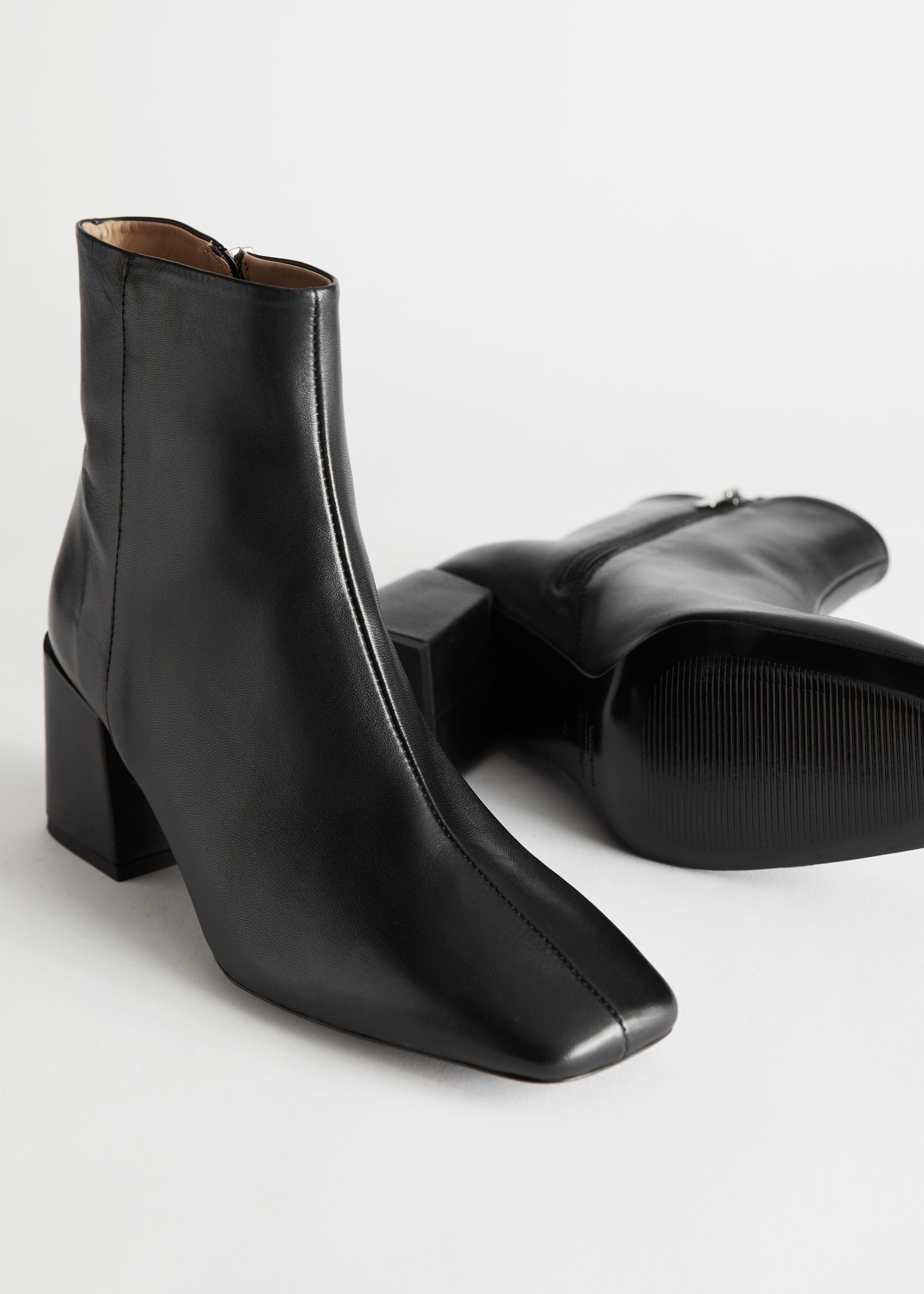 black leather square toe ankle boots