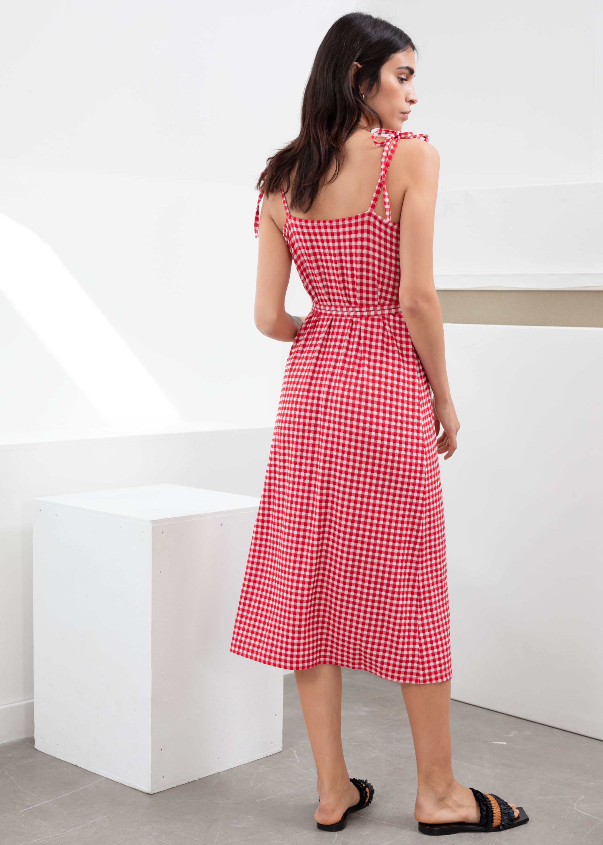 red gingham midi dress