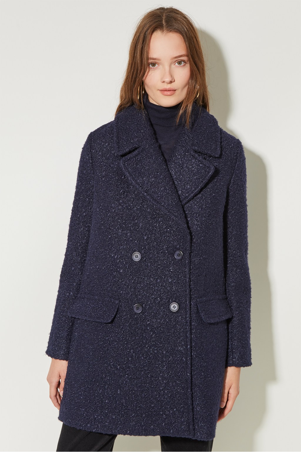 navy wool single breasted coat women's