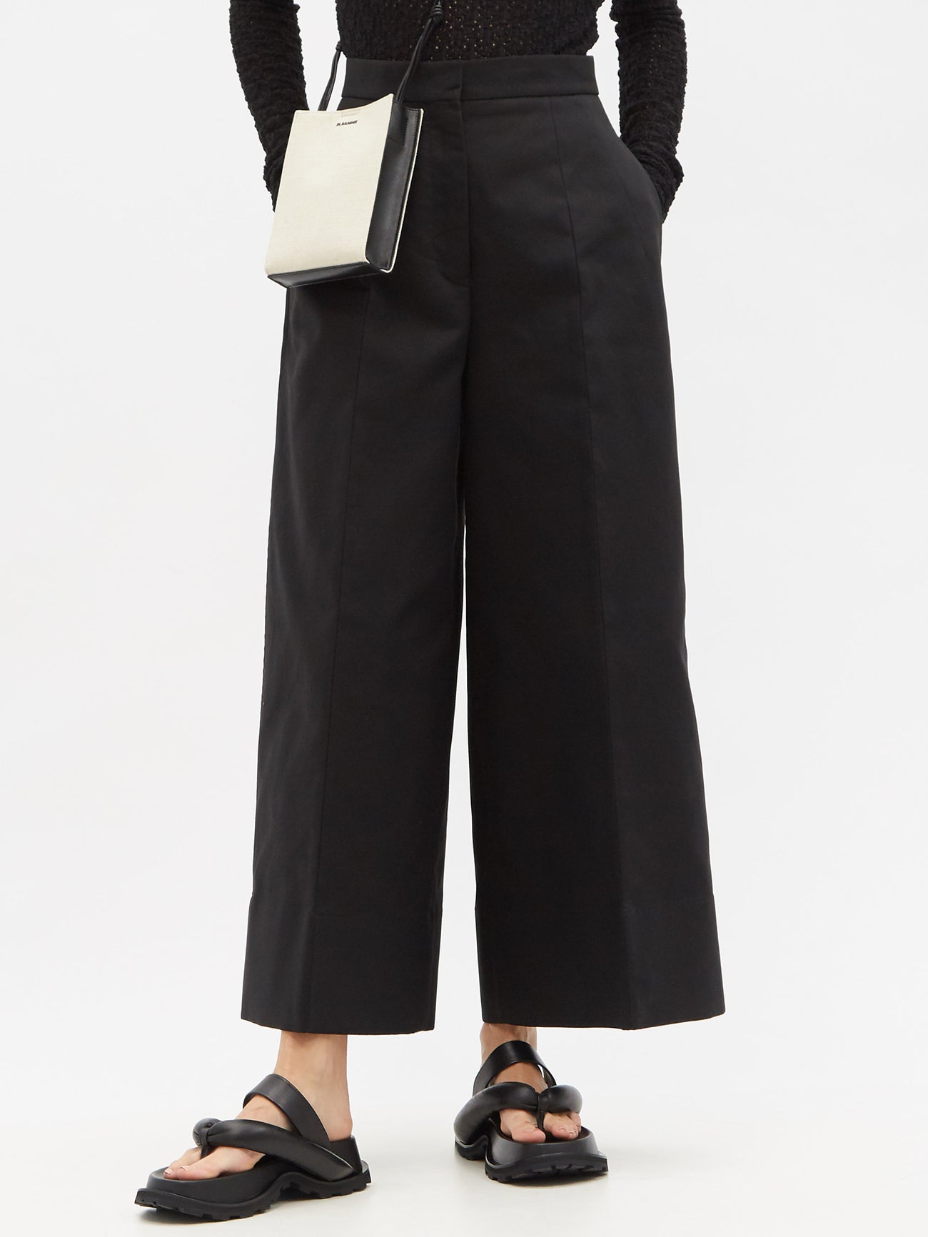 wide leg black cropped trousers
