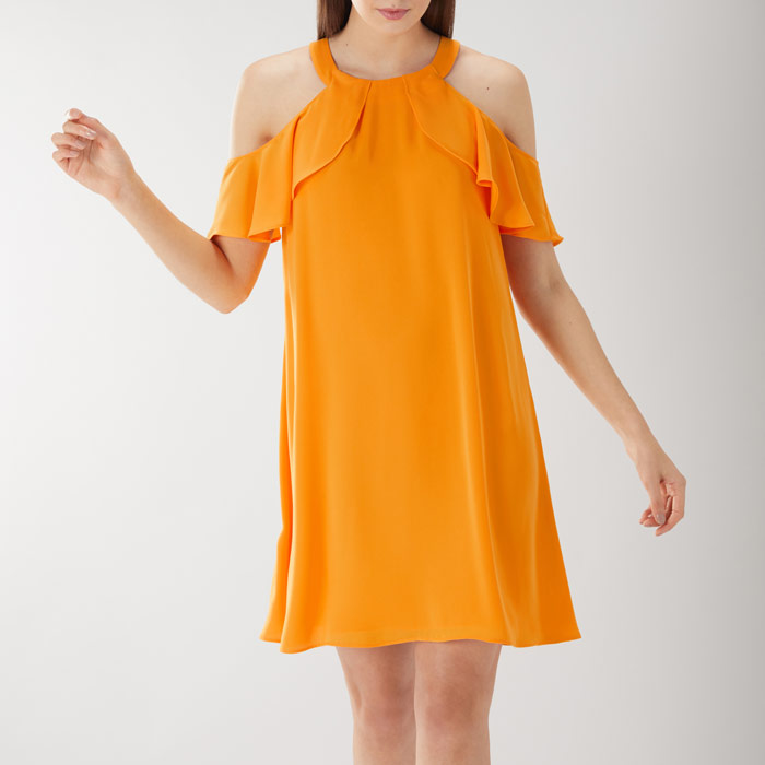 orange cold shoulder dress