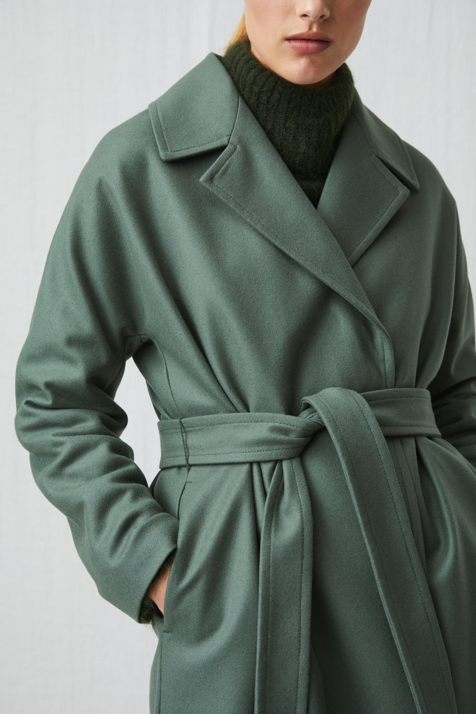 green wool wrap coat