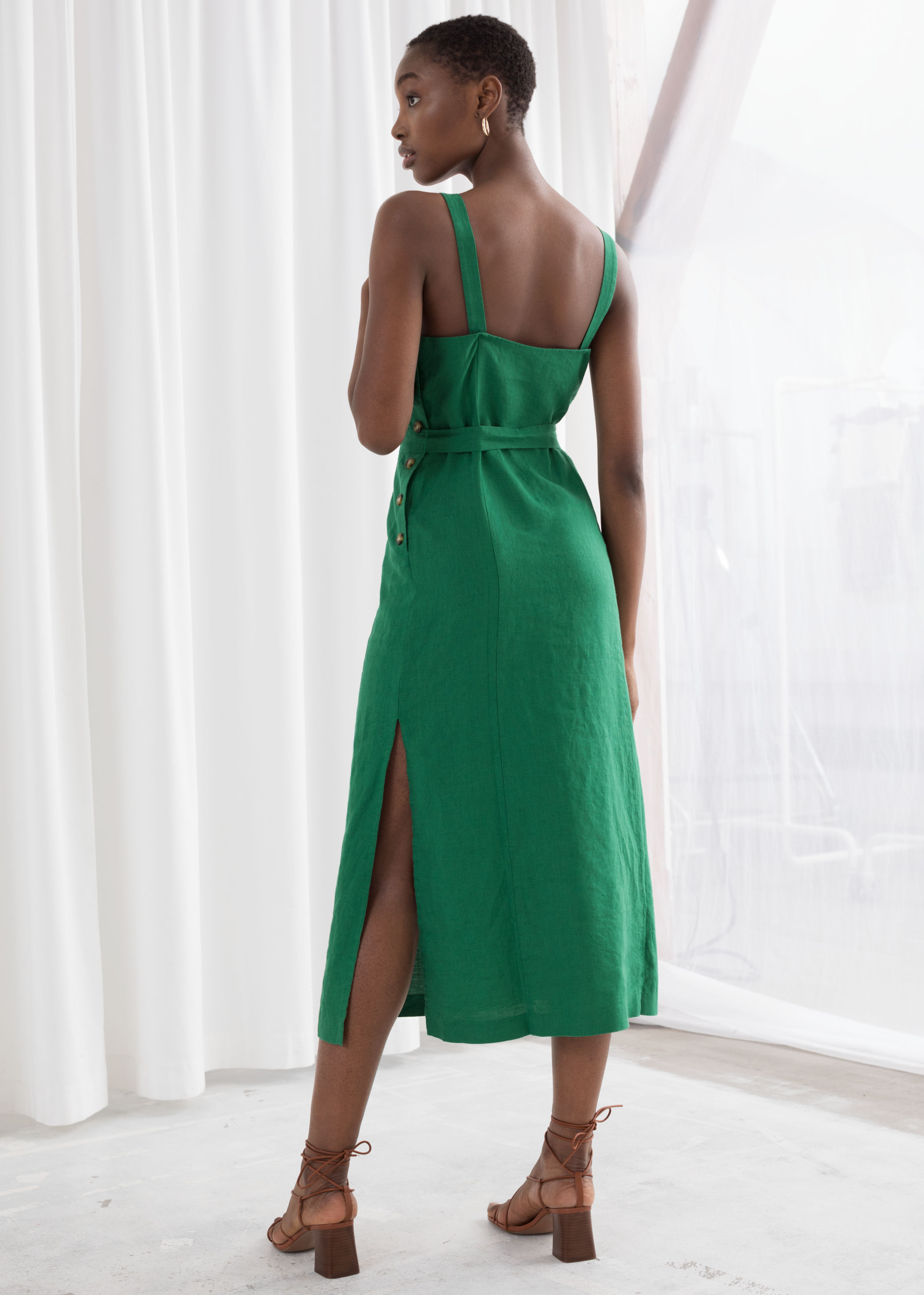 green linen midi dress