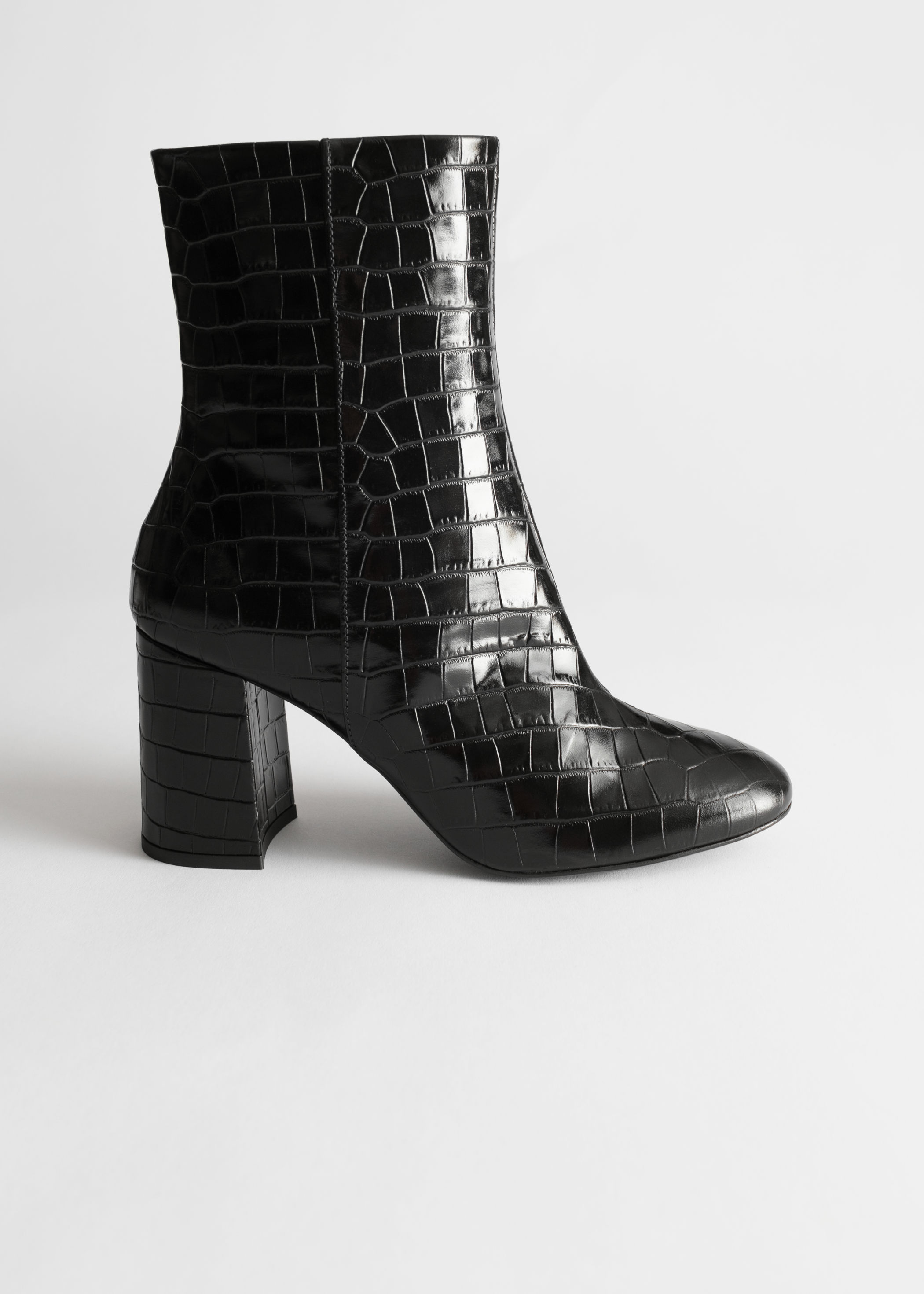 black chunky croc embossed ankle boots