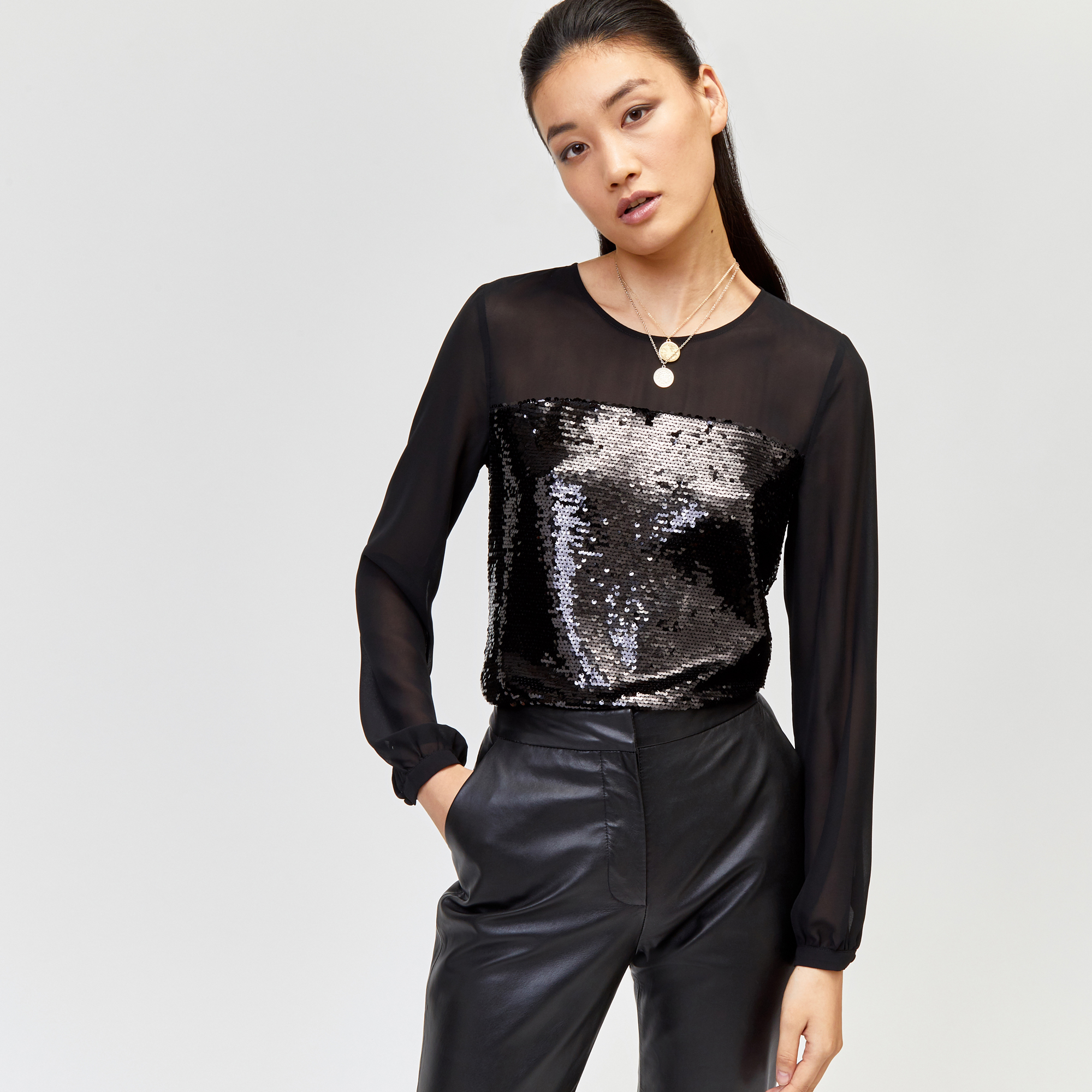 warehouse sheer sleeve sequin top