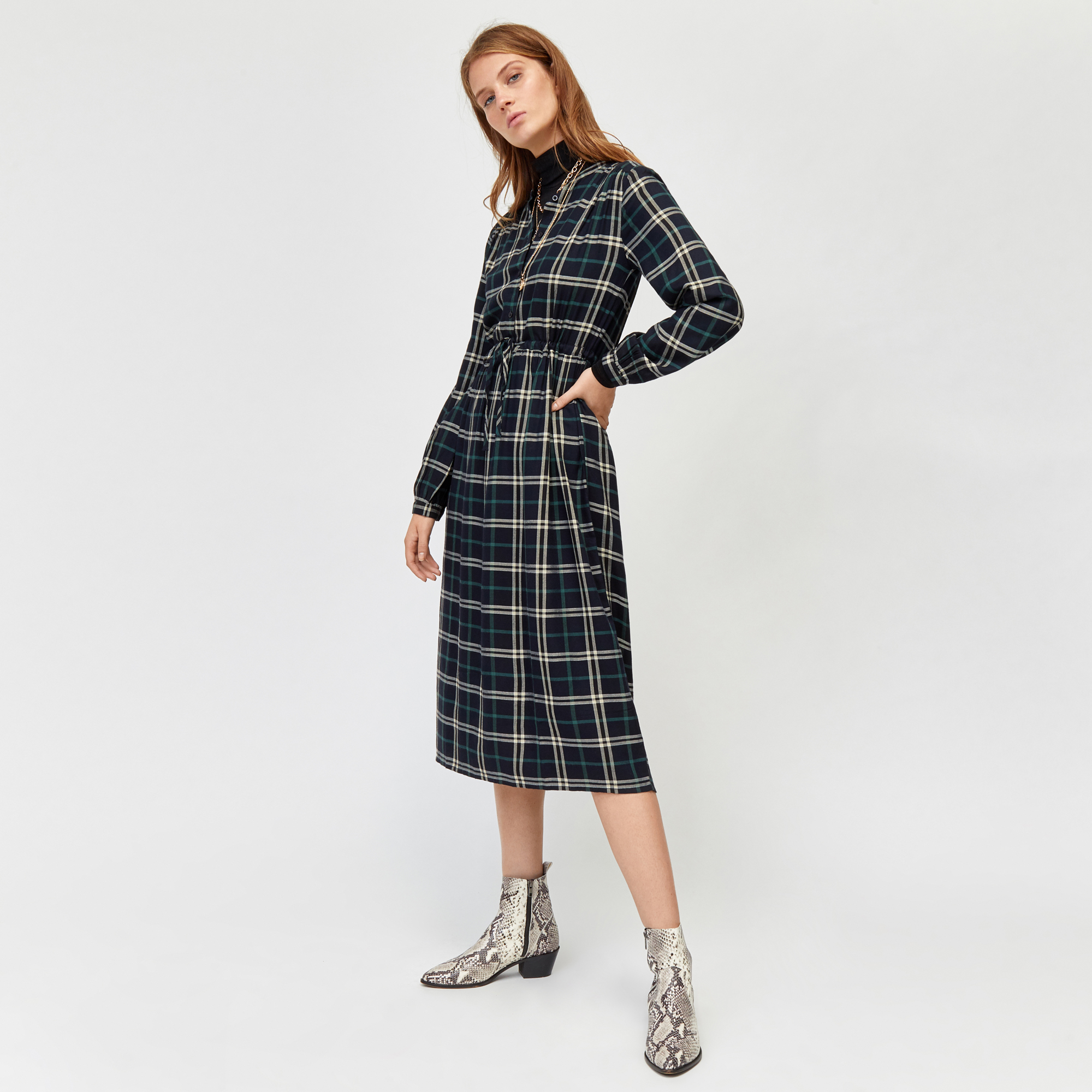 warehouse check midi shirt dress