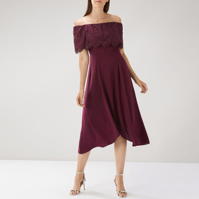 burgundy bardot dress